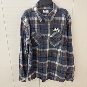 Hurley Men's Flannel Long Sleeve Button Up Shirt Gray Black Plaid Size Large